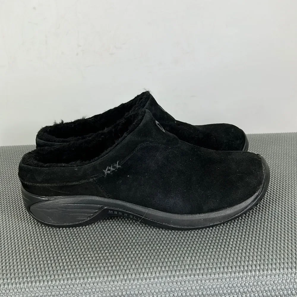 Merrell black suede shearling lined chill slide slippers shoes women’s size 8.5